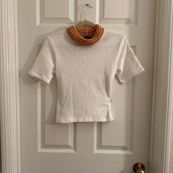 Zara Tops - Zara White Top with Orange Ribbed Collar